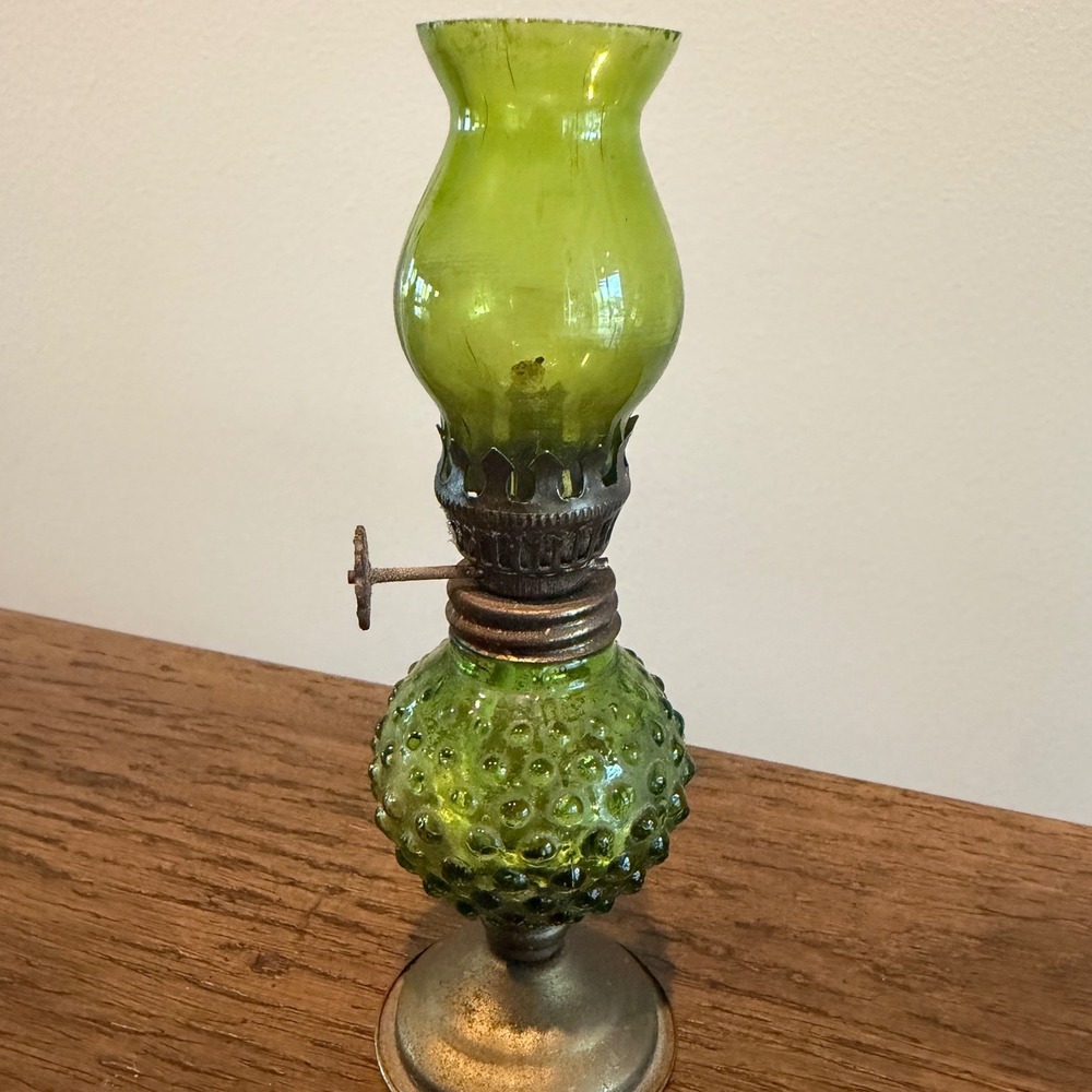Vintage Green Hobnail Oil Lamp Mini Green Brass Glass Antique